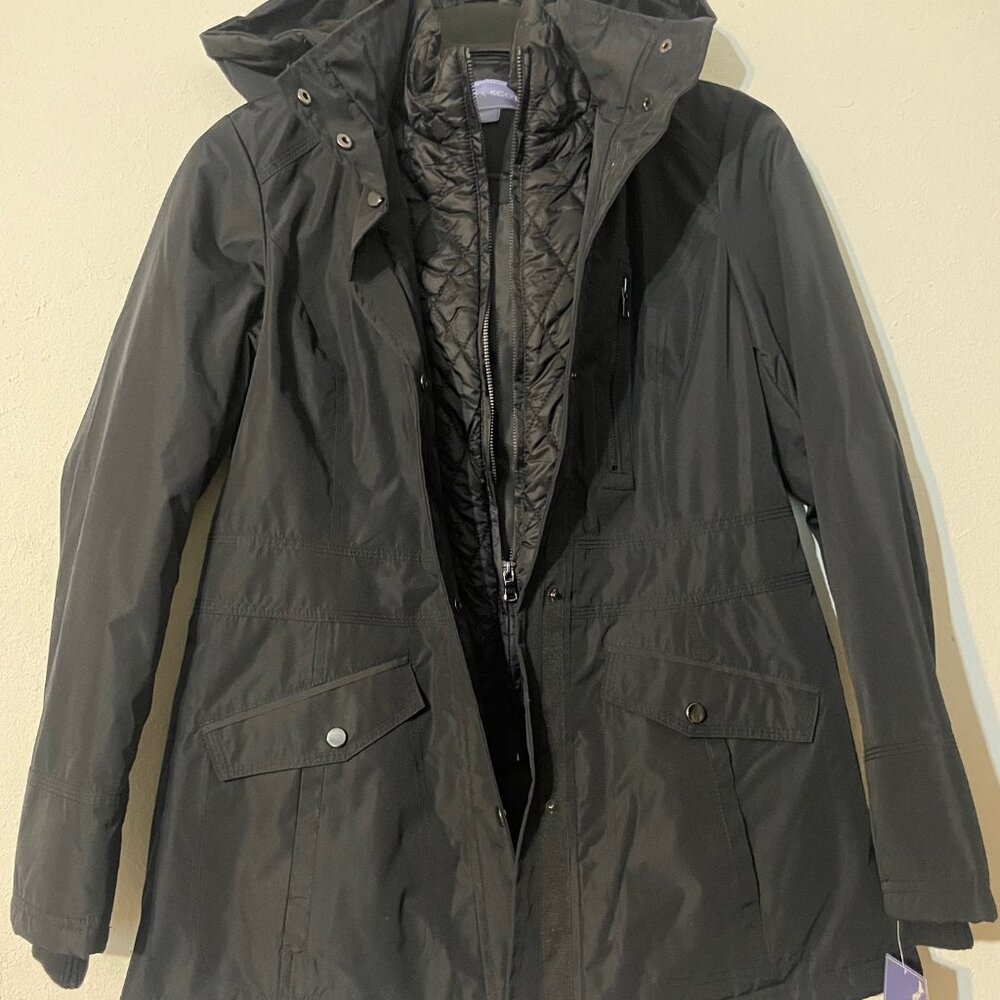 New Laura Scott Winter Jacket w Removable Hoodie, 5 Front Pockets, Black, S & XL